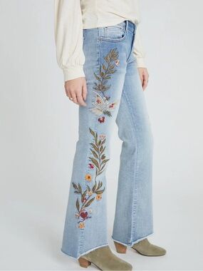 NEW Driftwood Eva Peace On Earth Bird Floral Embroidered Wide Leg Jeans size 27